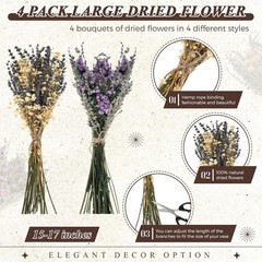 4 Pack Large Size Boho Dried Flower Bouquet 15-17 Inch Wedding Handmade Dry F…
