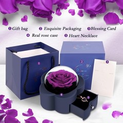 Preserved Rose with Heart Necklace Eternal Flower Gift for ONE ROSE, Purple