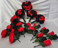 Red & Black Bouquet Set With Rhinestone around the Handle Wedding Bouquet Set