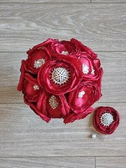 Bridal bouquet – Red/ Burgundy Melted Satin Roses Brooches – Buttonhole flower