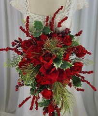 Red Berry and Amaryllis, Rose Cascade Faux Silk Wedding Bouquet