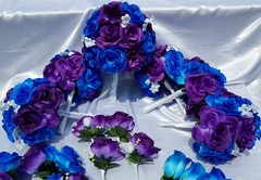 25 pc, Wedding Bouquet Package, Blue & Purple Roses, White Flower, White Ribbon