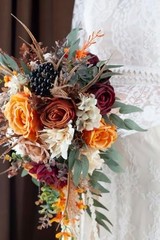 12″ Burnt Orange Cascade Wedding Bouquet, Silk Bridal Flowers for Fall Weddings