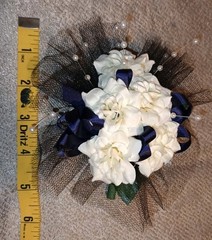 NEW 5″ Artificial Ivory Rose Wrist Corsage & Matching Bout, Pearls, Black Bow