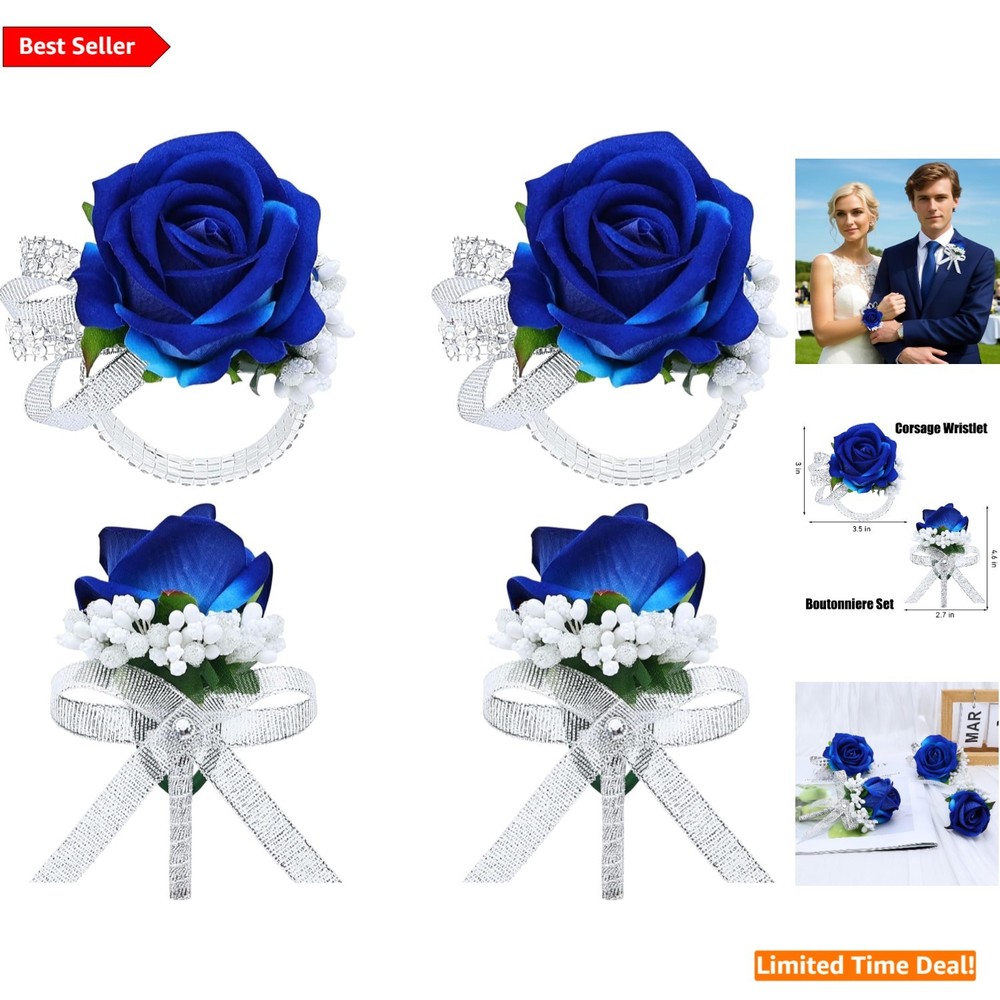 Versatile 4Pcs Blue Floral Accessories Set: Corsages & Boutonnieres for Events