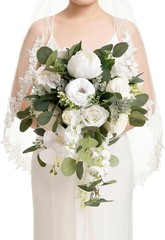 Elegant Wedding Bouquet Bride 13″ Ivory Rose Peony Orchid Faux Silk