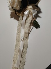 Bouquet White Roses Bride Boutonniere Lace Crochet Boho Cottage Beach Wedding