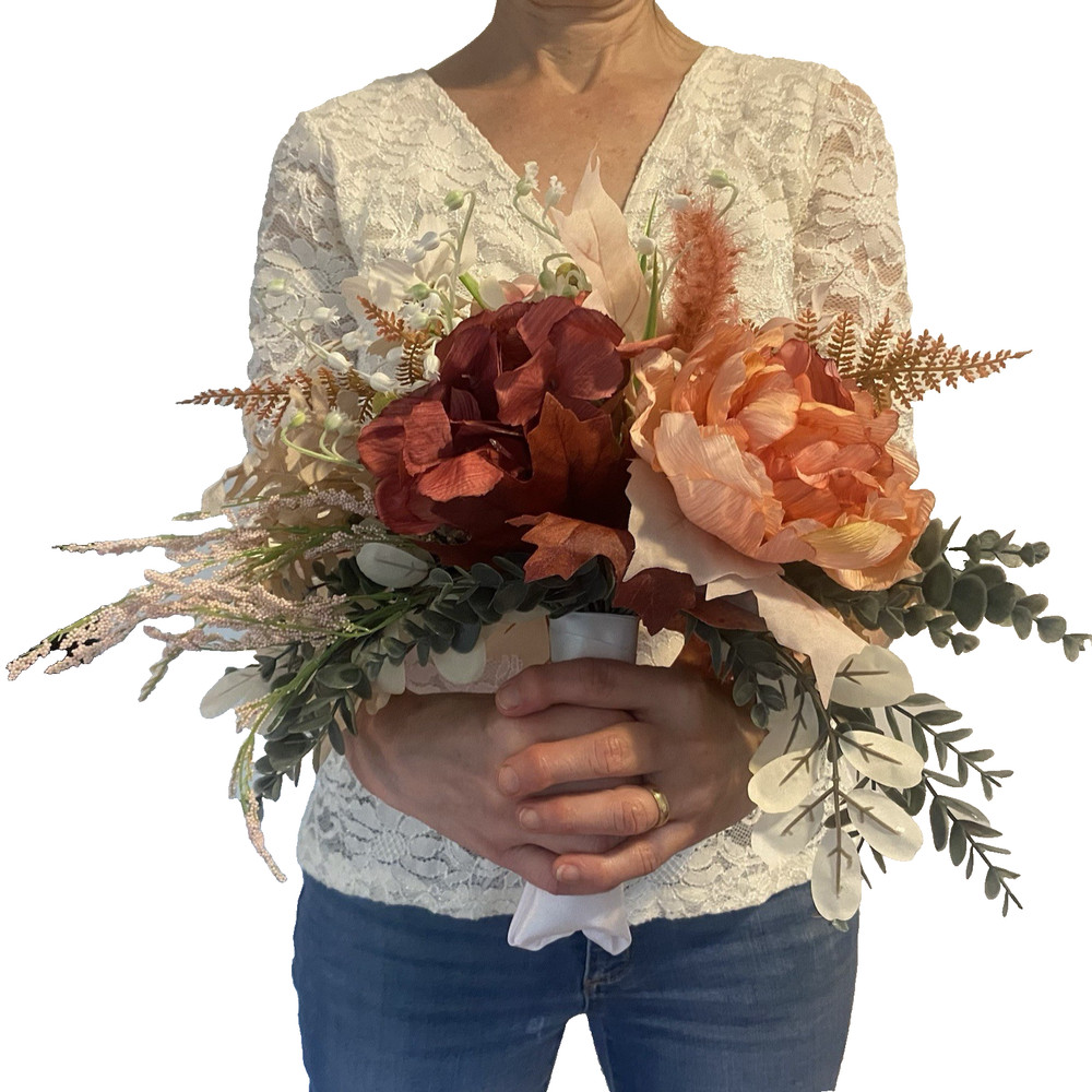Bridal Wedding Bouquet Hand made Budget Friendly Faux Flowers Red Orange Fall