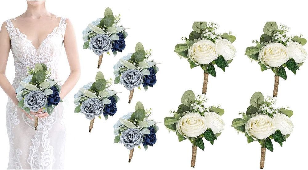 Set of 8 Bridesmaid Bouquets – Ivory & Dusty Blue Artificial Flowers