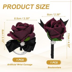 2Pcs Wrist Corsage Boutonnieres Set with Black Ribbon, Wine Red