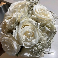 Bouquet White Roses Bride Boutonniere Lace Crochet Boho Cottage Beach Wedding