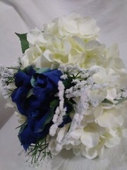 Wedding Bouquet Silken / Plastic White Hydrangea w/ Dark Blue Rose NEW