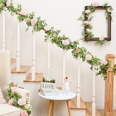 2Pcs 13Ft Artificial Eucalyptus Garlands with Flowers – 8 2 Pcs Pink Rose