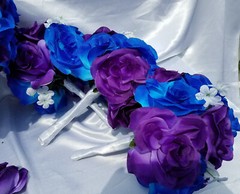 25 pc, Wedding Bouquet Package, Blue & Purple Roses, White Flower, White Ribbon