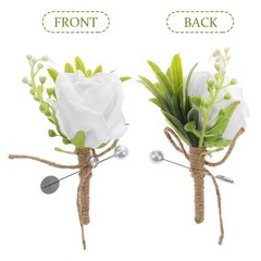2Pcs Reusable Wedding Boutonniere Set Artificial Rose for Groom and Bride White