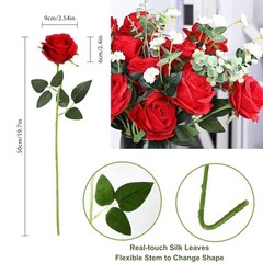10Pcs Artificial Roses Flowers, Realistic Blossom Roses, Real Touch Silk Red
