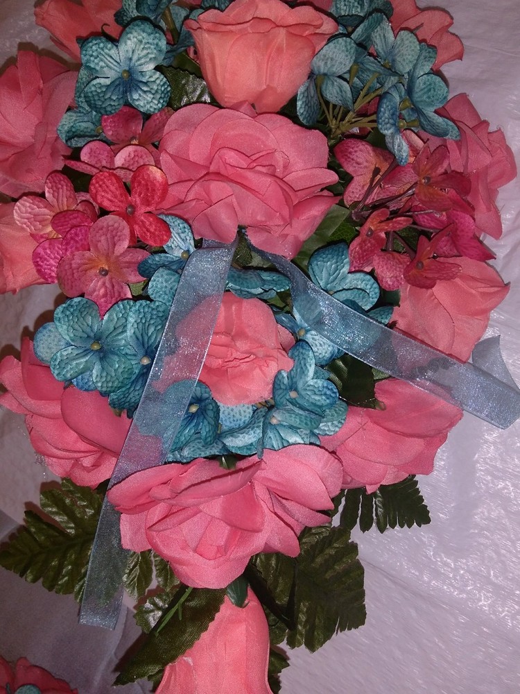 LARGE WEDDING BOUQUET CASCADE TEAL AND CORAL OR ANY COLOR​ & RUSH AVAIL
