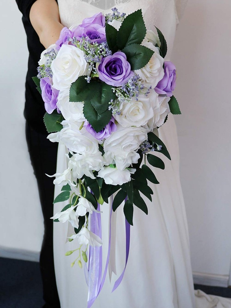 ChezMax Wedding Bridal Bouquet Artificial Rose Flowers with Ribbons Waterfall…