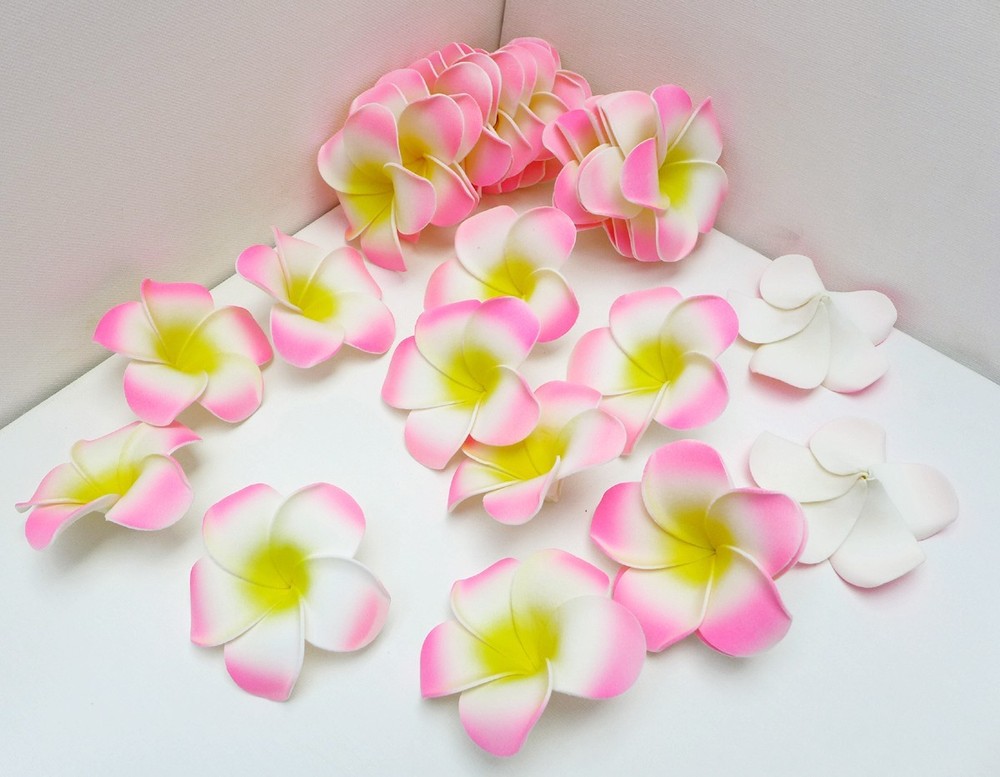 50 Pcs x 2.7″ Artificial Flower Foam Pink with Yellow Plumeria Heads for Weeding