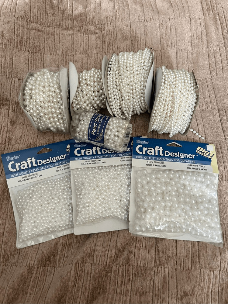 Lot Faux White Pearls String Garland and Loose Asst Sizes Crafting Wedding