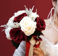 Wedding Bouquet Artificial Rose Burgundy White Ribbon Lace 10.2″x8.6″ S