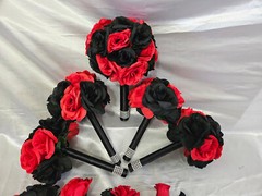 Red & Black Bouquet Set With Rhinestone around the Handle Wedding Bouquet Set