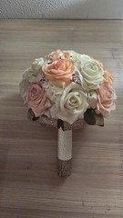 Handmade Faux Rose Bridal Bouquet Ivory Blush Peach Roses Rhinestone Accents