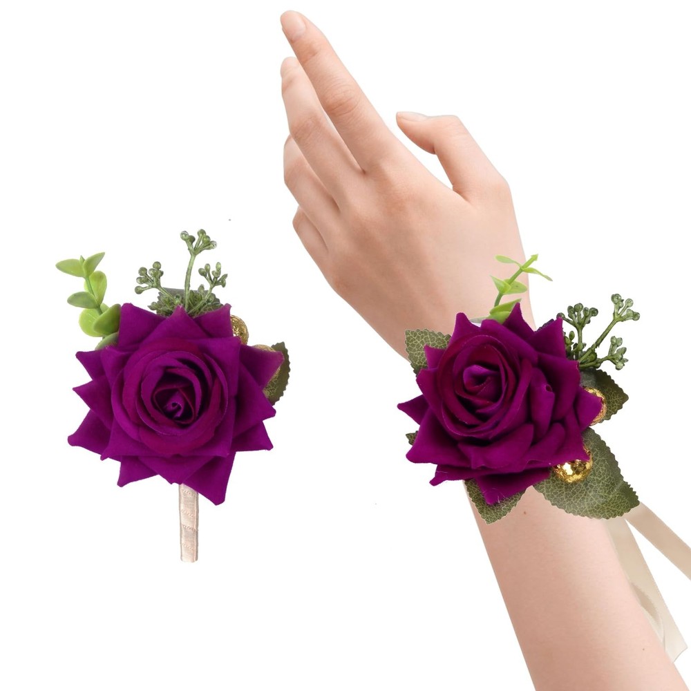 Wrist Corsage and Boutonniere Set, Velvet Purple Roses Corsage, Men Boutonnie…