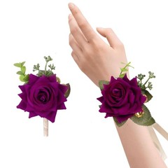 Wrist Corsage and Boutonniere Set, Velvet Purple Roses Corsage, Men Boutonnie…