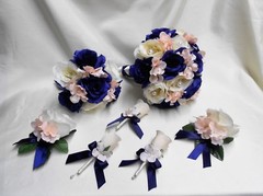 Wedding Silk Flower Bridal Bouquets 18 pcs Package Ivory Navy Blue Pink/Blush