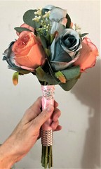Dark Pink & Lite Blue Faux Budding Roses Bridal Wedding Bouquet Rhinestone Bling