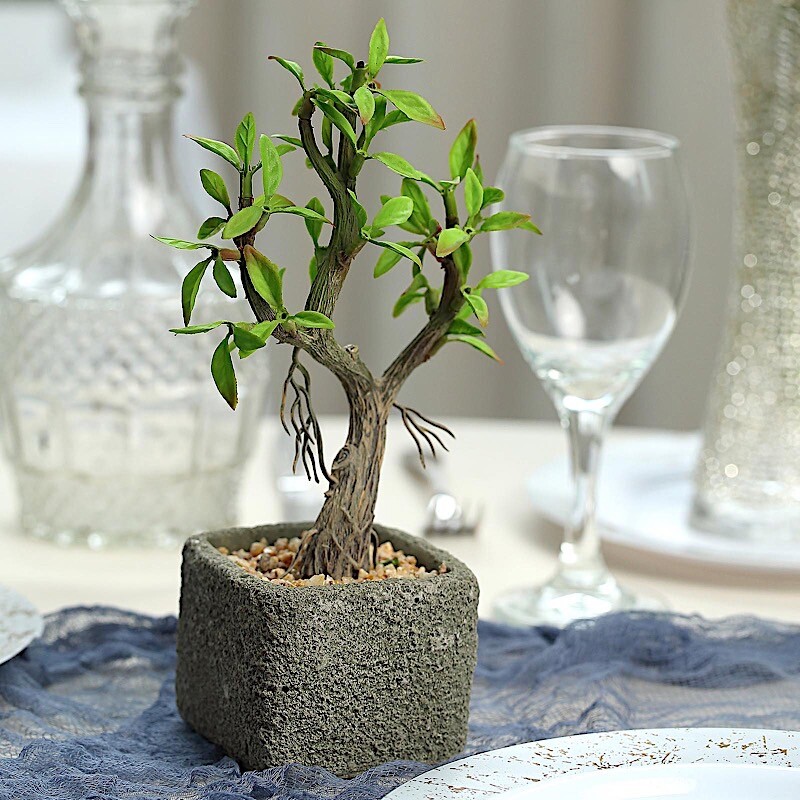 BROWN 9″ tall Concrete Pot with Faux Mini GREEN Willow Tree Wedding Decorations
