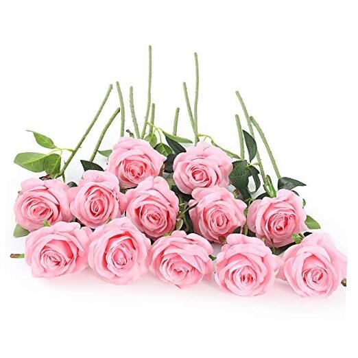 12 PCS Artificial Flowers Roses Silk Flowers Fake Long Stem Artificial Pink