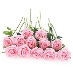 12 PCS Artificial Flowers Roses Silk Flowers Fake Long Stem Artificial Pink