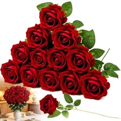 12PCS 20‘’ Red Artificial Roses Flowers with Long 12pcs Red Artificial Flowers