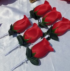 13 Pc. Wedding Bouquet Package, Red Roses, White Ribbon, Red Wedding Bouquet Set