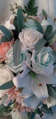 Pink, Mint Green, White Bouquet and Boutonniere, Wedding 2pc Set