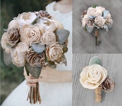 Off White Brown Natural Bridal Bouquet Artificial Sola Wood Wedding Flowers