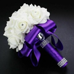 Bride Bouquet Artificial Flowers Wedding Bridal Holding White Ribbon Rhinestones