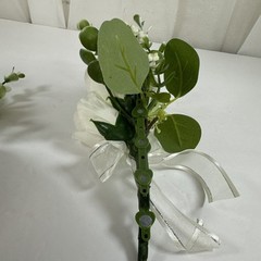 Corsage and Boutonniere Set Cream Ivory Roses Baby’s Breath Greenery Handmade