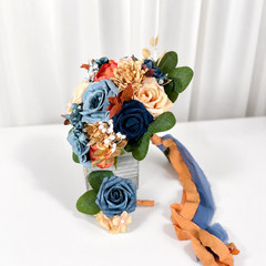 Dusty Blue Yellow Orange Silk Rose Bridal Bouquet Boutonniere Wedding Set Decor