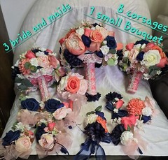 12 PC Blue,Coral,Ivory, Light Rose Wedding Bouquet Set Lace And Bling