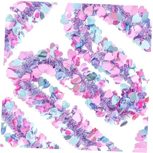 33Ft Valentines Heart Tinsel Garland, Pink Blue Metallic Twisted Hanging