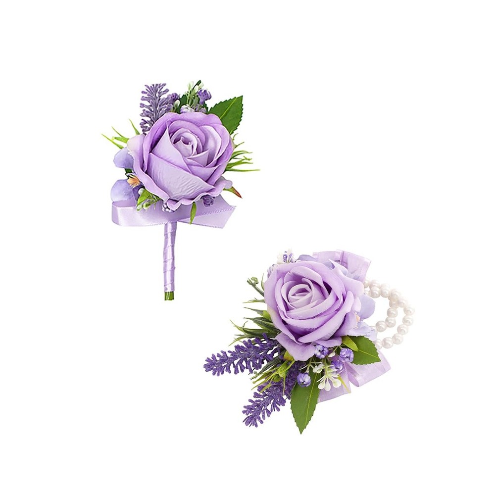 Purple Corsage and Boutonniere Set for Wedding Prom, Artificial Flower Wrist Cor