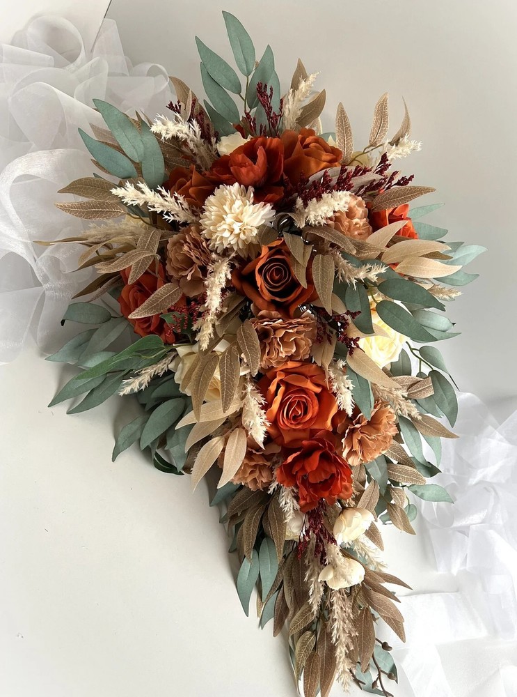 Cascading Bridal Bouquet, Burnt Orange Rust Pampas Grass Autumn Eucalyptus
