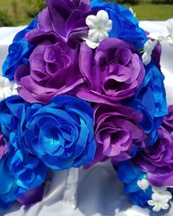 25 pc, Wedding Bouquet Package, Blue & Purple Roses, White Flower, White Ribbon