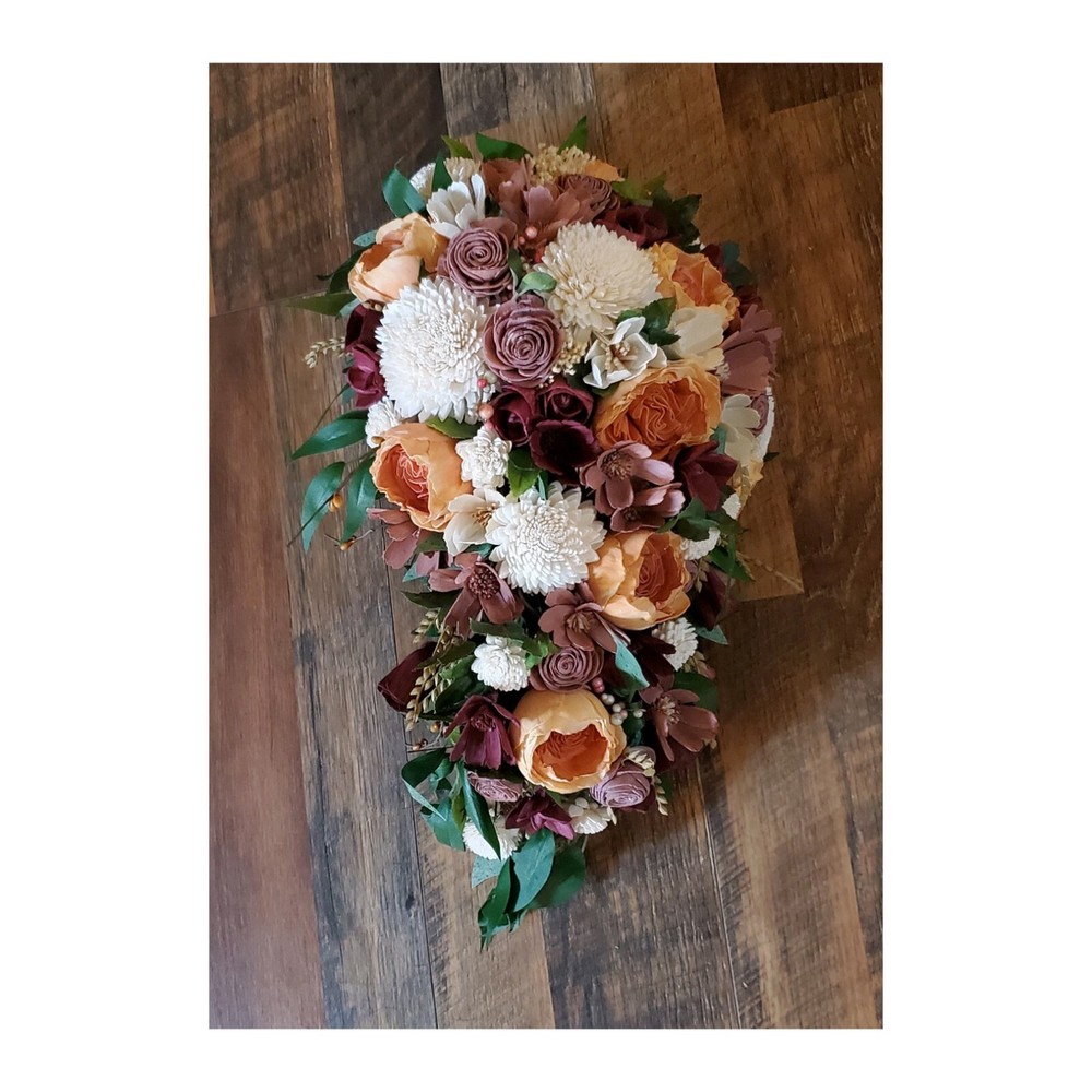 Fall Bridal Bouquet Cascading Sola Wood Burnt Orange Burgundy Wedding Flowers