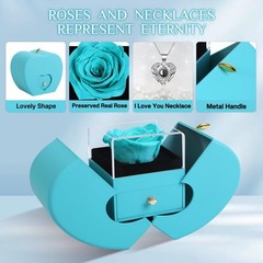 Preserved Rea Cyanl Rose with I Love You Necklace 100 Languages, middle, Cyan
