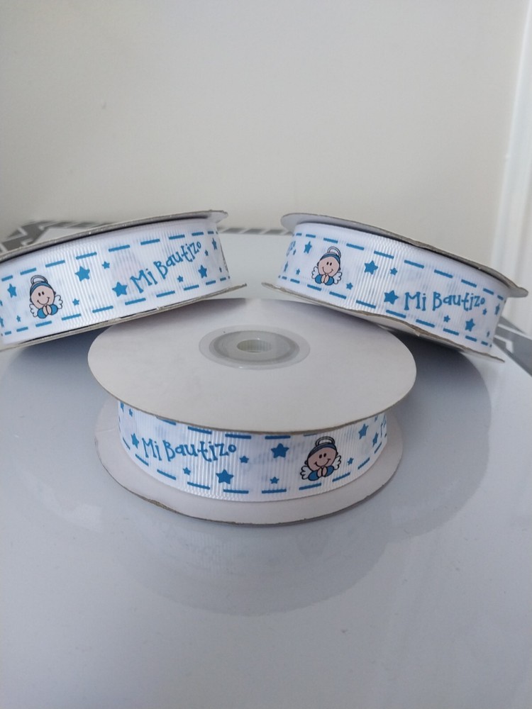 3 ..Cinta de poliéster estampada blue / Mi Bautizo… 20 metros / 22cm ancho