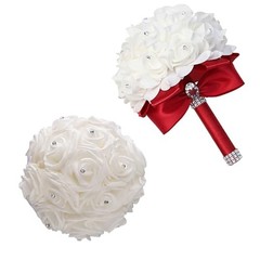 Wedding Bouquet, Crystal Diamond Silk Roses, Bride Bridal Hand Roses, 7″ x Red
